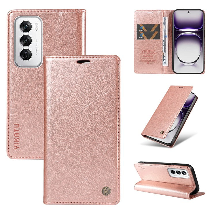YIKATU YK-006 For Oppo Reno12 5G (Global) Wallet Case Litchi Texture Leather Phone Cover - Rose Gold