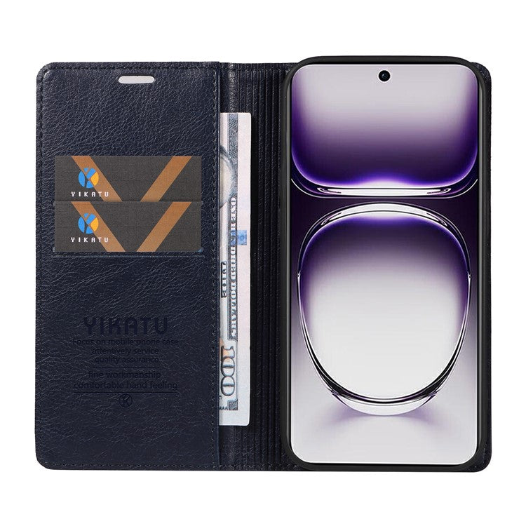 YIKATU YK-006 For Oppo Reno12 5G (Global) Wallet Case Litchi Texture Leather Phone Cover - Navy Blue