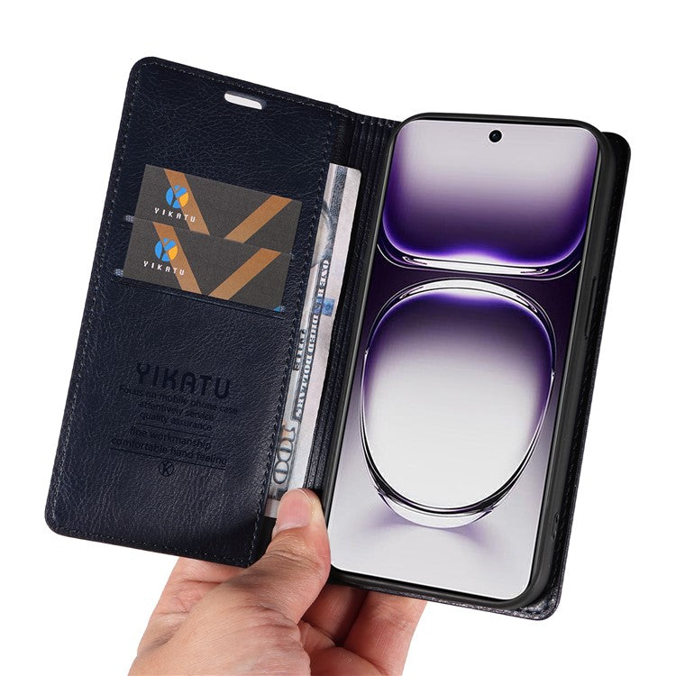 YIKATU YK-006 For Oppo Reno12 5G (Global) Wallet Case Litchi Texture Leather Phone Cover - Navy Blue