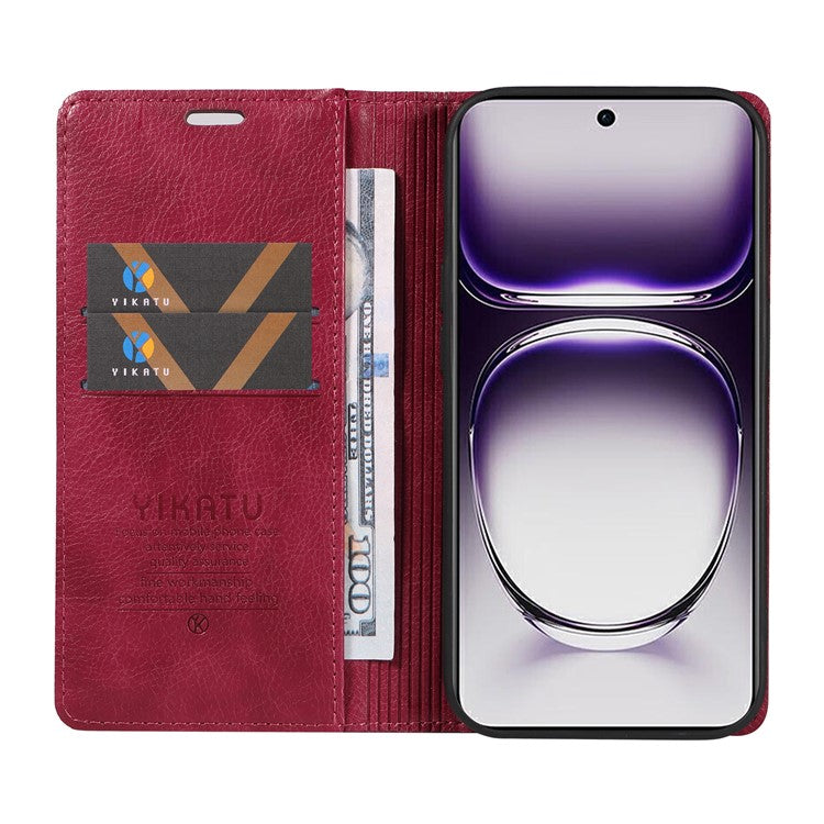 YIKATU YK-006 For Oppo Reno12 5G (Global) Wallet Case Litchi Texture Leather Phone Cover - Wine Red