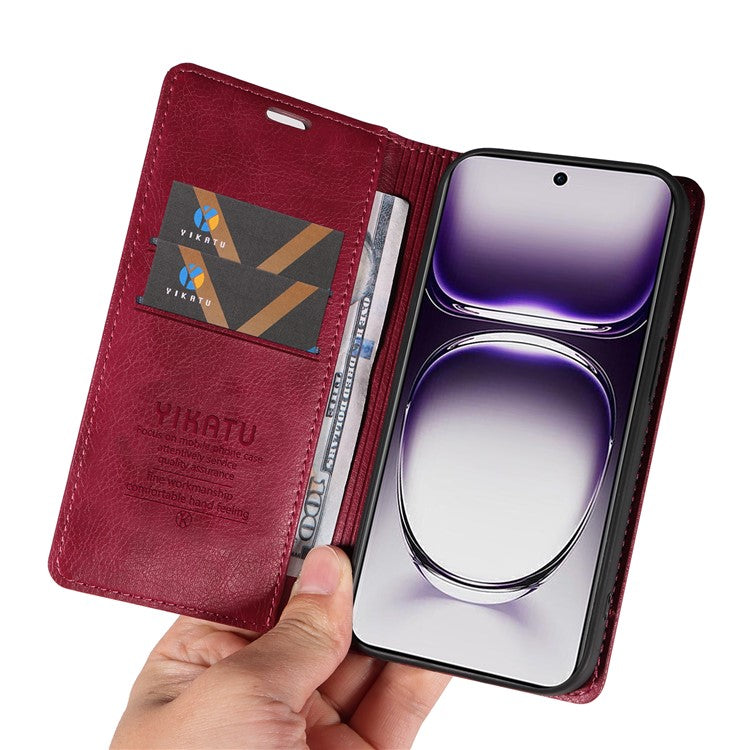 YIKATU YK-006 For Oppo Reno12 5G (Global) Wallet Case Litchi Texture Leather Phone Cover - Wine Red