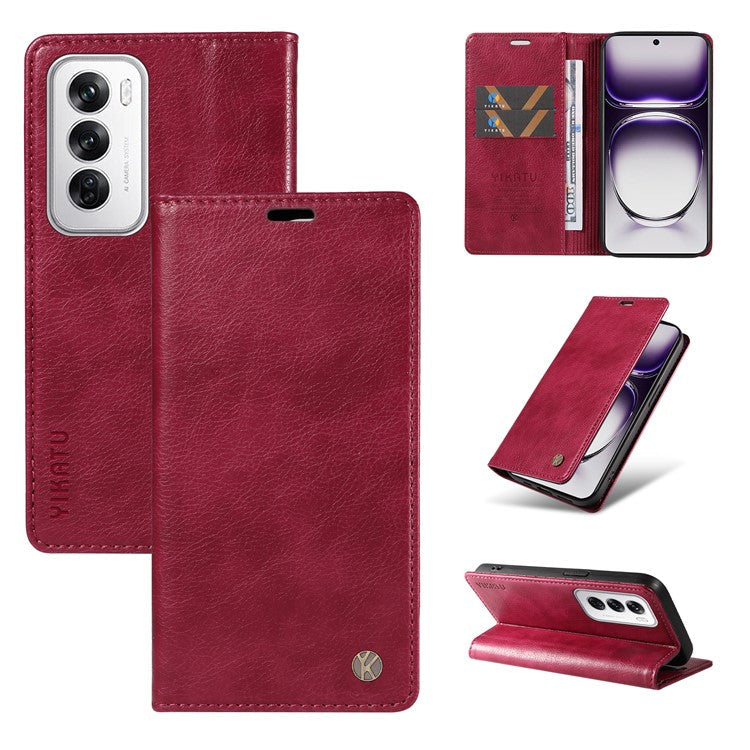 YIKATU YK-006 For Oppo Reno12 5G (Global) Wallet Case Litchi Texture Leather Phone Cover - Wine Red