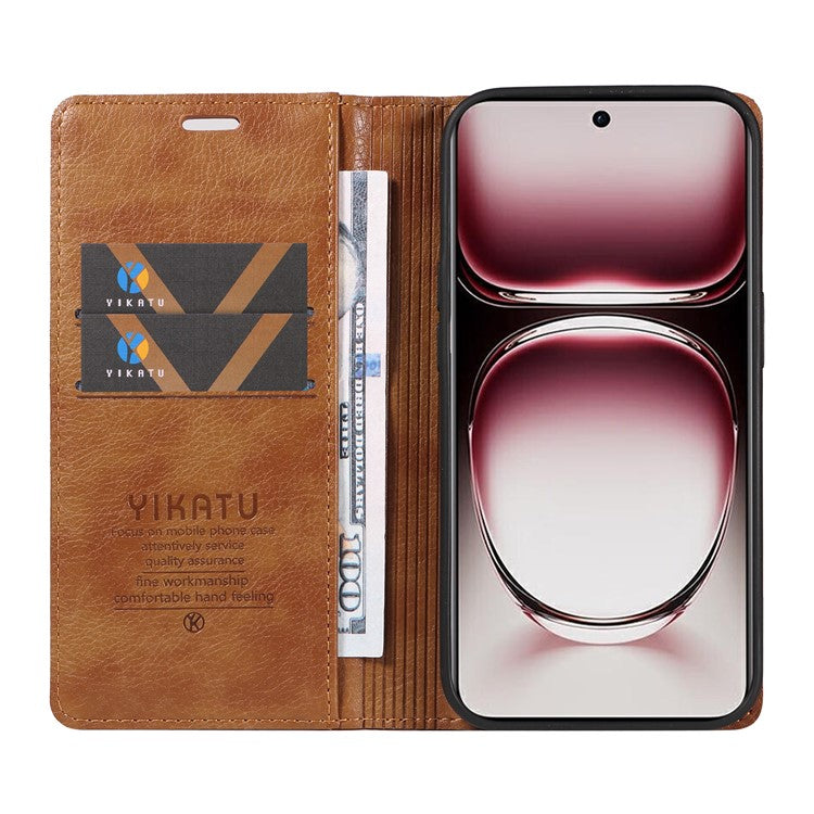 YIKATU YK-006 For Oppo Reno12 Pro 5G (Global) / (China) Wallet Phone Case Litchi Texture Leather Cover - Brown