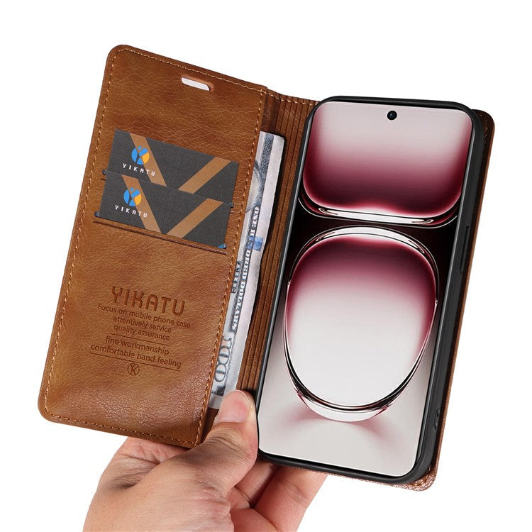 YIKATU YK-006 For Oppo Reno12 Pro 5G (Global) / (China) Wallet Phone Case Litchi Texture Leather Cover - Brown