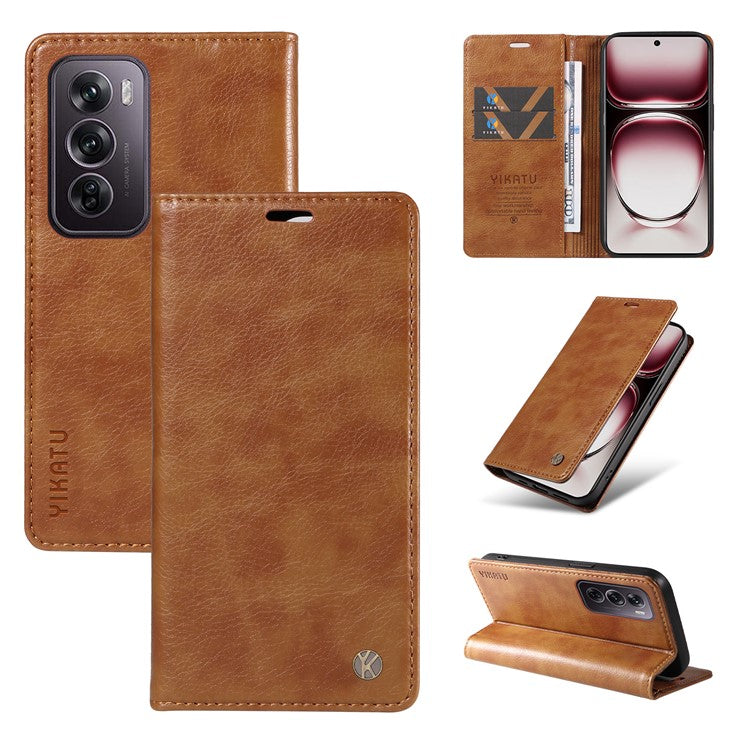 YIKATU YK-006 For Oppo Reno12 Pro 5G (Global) / (China) Wallet Phone Case Litchi Texture Leather Cover - Brown