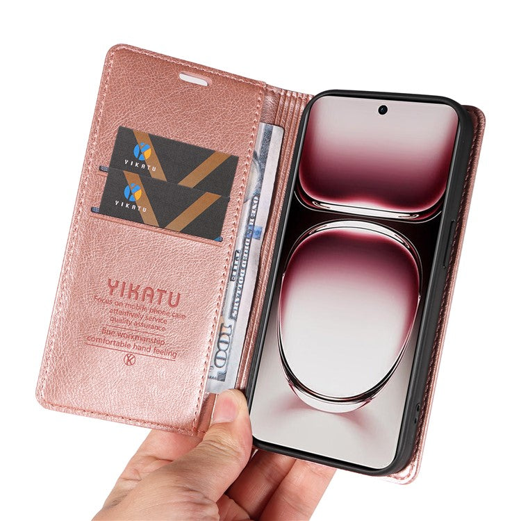 YIKATU YK-006 For Oppo Reno12 Pro 5G (Global) / (China) Wallet Phone Case Litchi Texture Leather Cover - Rose Gold