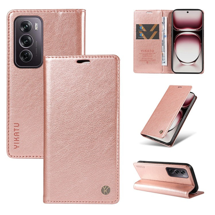 YIKATU YK-006 For Oppo Reno12 Pro 5G (Global) / (China) Wallet Phone Case Litchi Texture Leather Cover - Rose Gold