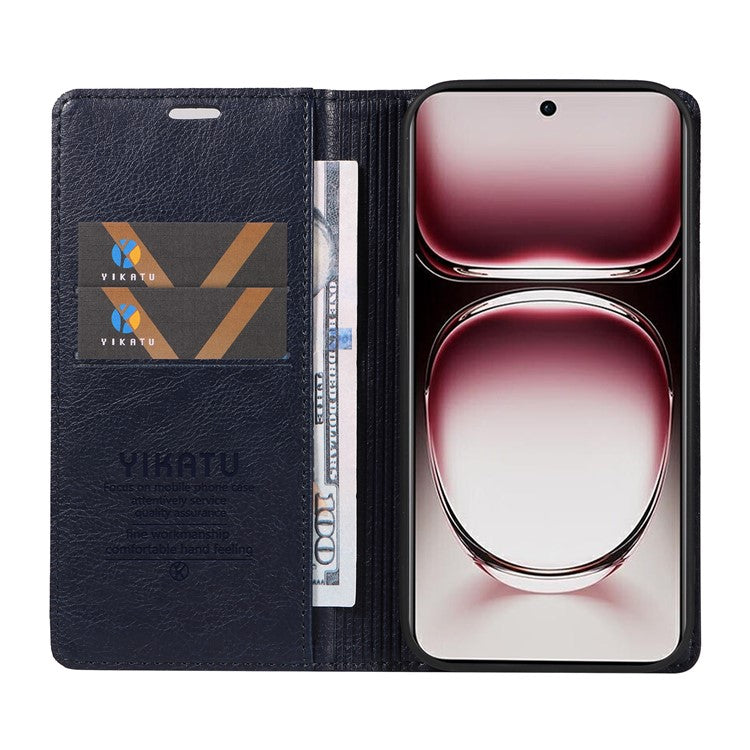 YIKATU YK-006 For Oppo Reno12 Pro 5G (Global) / (China) Wallet Phone Case Litchi Texture Leather Cover - Navy Blue