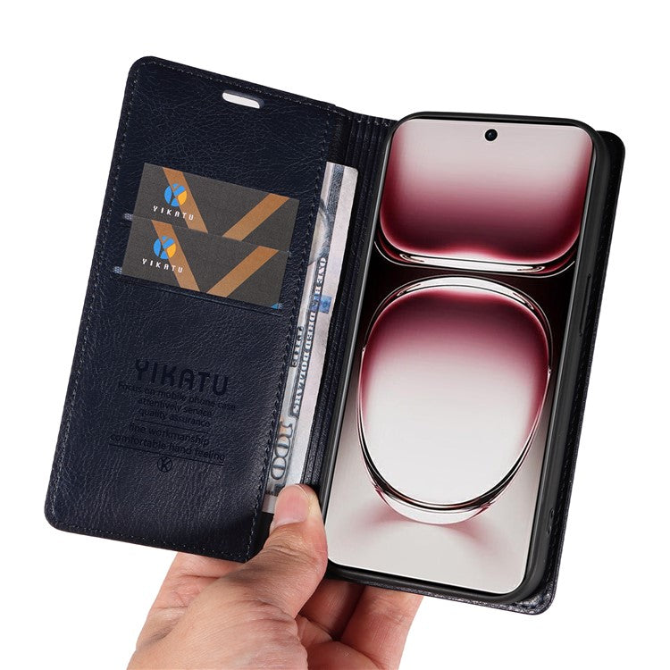 YIKATU YK-006 For Oppo Reno12 Pro 5G (Global) / (China) Wallet Phone Case Litchi Texture Leather Cover - Navy Blue