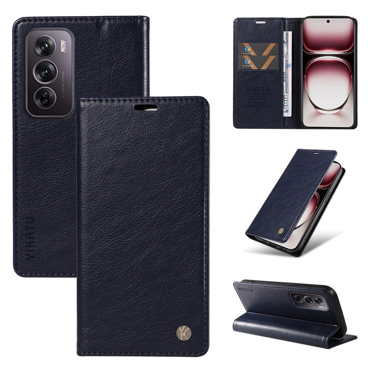 YIKATU YK-006 For Oppo Reno12 Pro 5G (Global) / (China) Wallet Phone Case Litchi Texture Leather Cover - Navy Blue