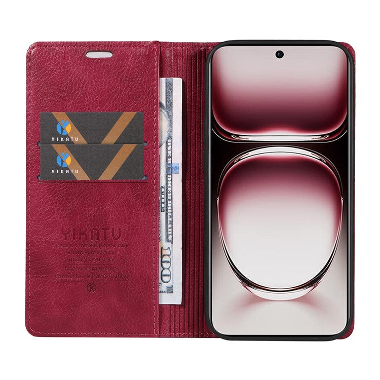 YIKATU YK-006 For Oppo Reno12 Pro 5G (Global) / (China) Wallet Phone Case Litchi Texture Leather Cover - Wine Red