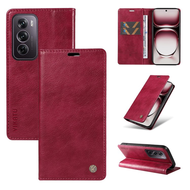 YIKATU YK-006 For Oppo Reno12 Pro 5G (Global) / (China) Wallet Phone Case Litchi Texture Leather Cover - Wine Red