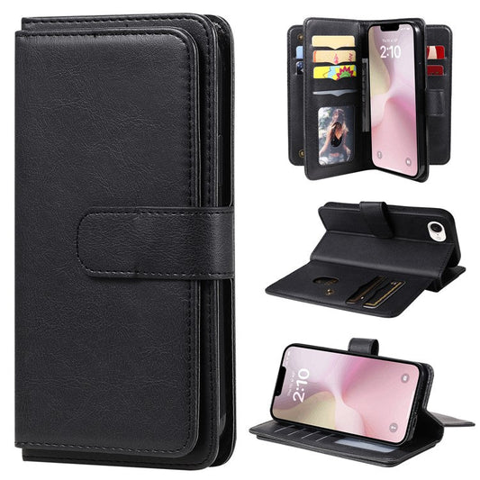 For iPhone 16e Case 10 Card Slots Leather Phone Cover - Black