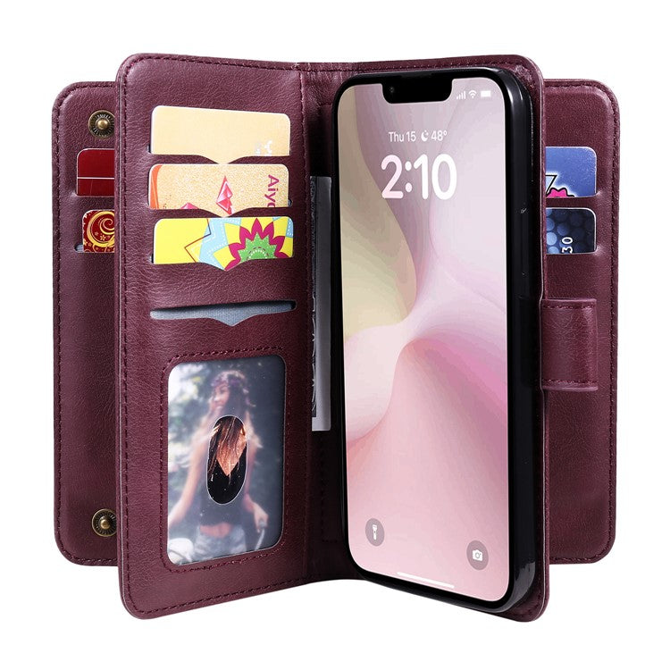 For iPhone 16e Case 10 Card Slots Leather Phone Cover - Wine Red