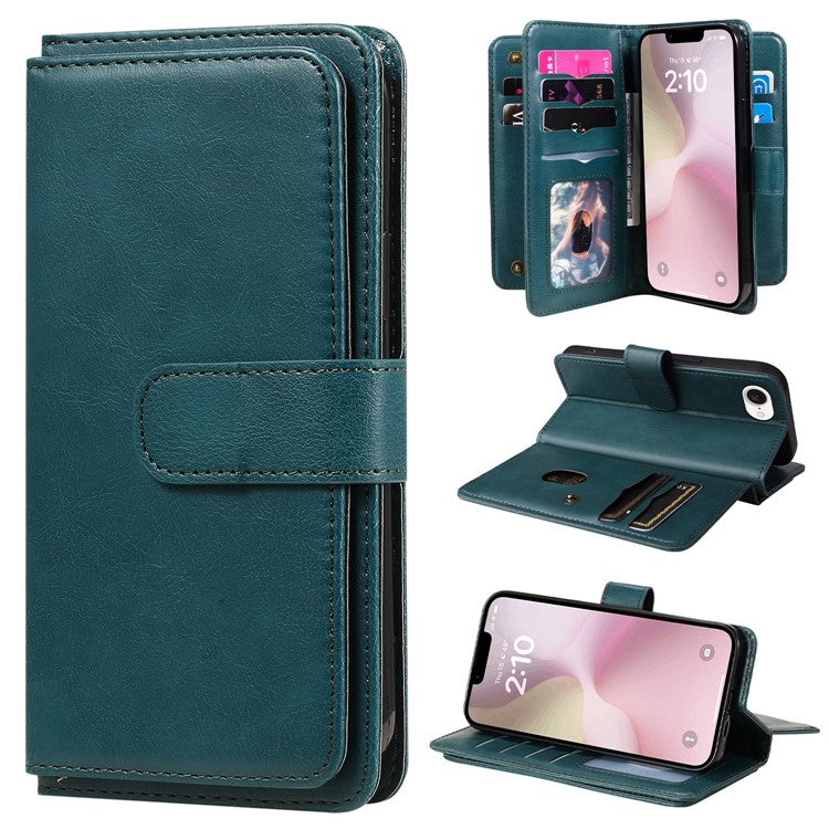 For iPhone 16e Case 10 Card Slots Leather Phone Cover - Green