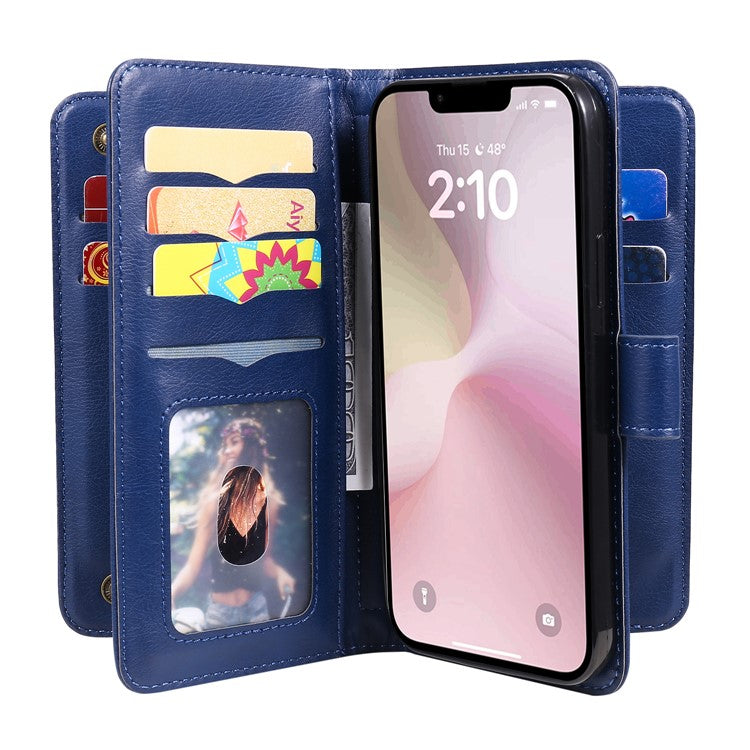 For iPhone 16e Case 10 Card Slots Leather Phone Cover - Blue