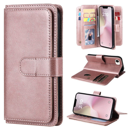 For iPhone 16e Case 10 Card Slots Leather Phone Cover - Rose Gold