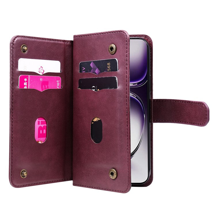 KT Multi-Functional Series-1 For Oppo Reno12 5G (Global) Case 10 Card Slots Leather Phone Cover - Wine Red