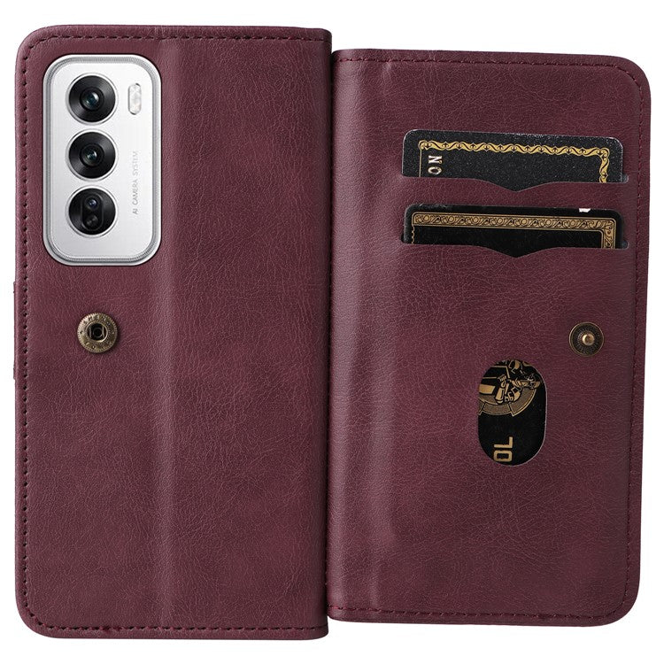 KT Multi-Functional Series-1 For Oppo Reno12 5G (Global) Case 10 Card Slots Leather Phone Cover - Wine Red