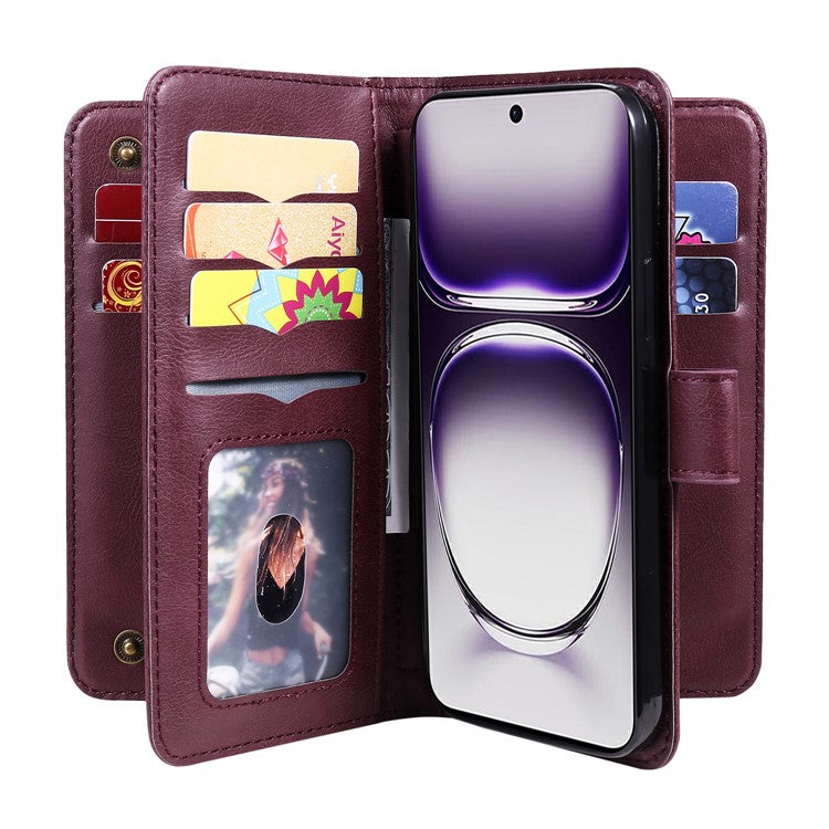 KT Multi-Functional Series-1 For Oppo Reno12 5G (Global) Case 10 Card Slots Leather Phone Cover - Wine Red