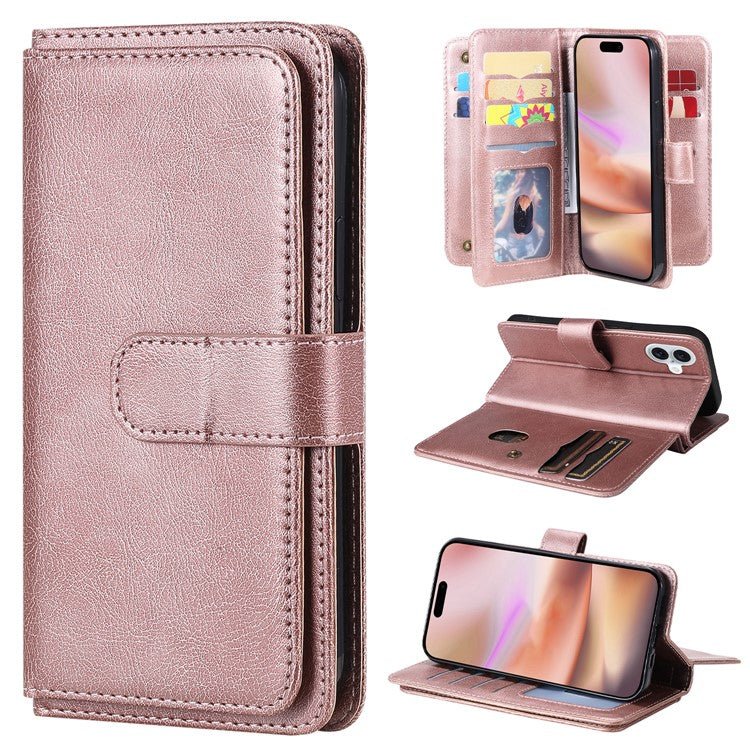 KT Multi-Functional Series-1 For iPhone 16 Plus Case 10 Card Slots Anti-Scratch Leather Phone Cover - Rose Gold