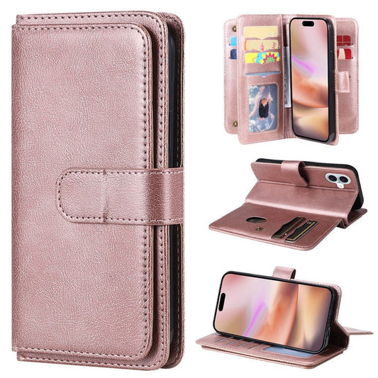 KT Multi-Functional Series-1 For iPhone 16 Plus Case 10 Card Slots Anti-Scratch Leather Phone Cover - Rose Gold