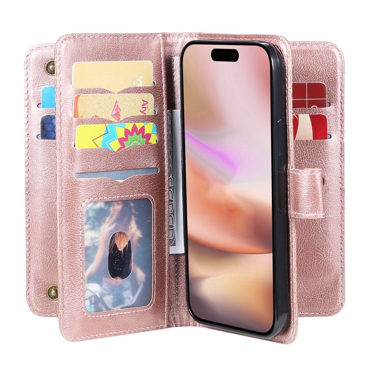 KT Multi-Functional Series-1 For iPhone 16 Plus Case 10 Card Slots Anti-Scratch Leather Phone Cover - Rose Gold