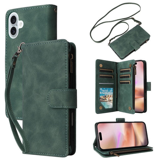 For iPhone 16 Plus Case Zipper Pocket PU Leather Wallet Phone Stand Cover with Strap - Green