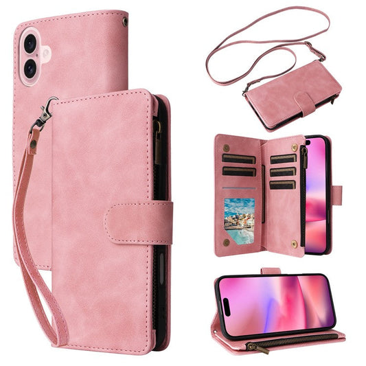 For iPhone 16 Case Zipper Pocket PU Leather Wallet Phone Stand Cover with Strap - Pink