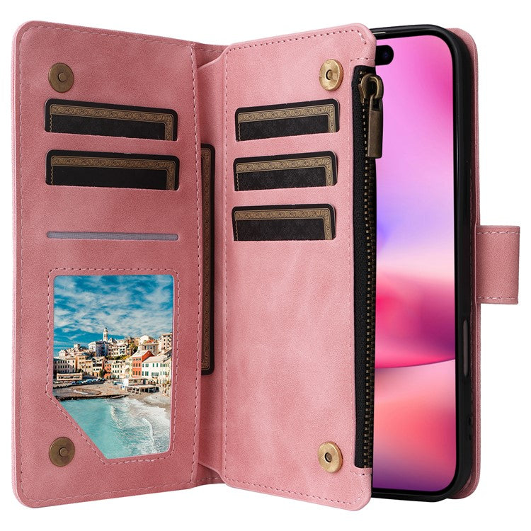 For iPhone 16 Case Zipper Pocket PU Leather Wallet Phone Stand Cover with Strap - Pink