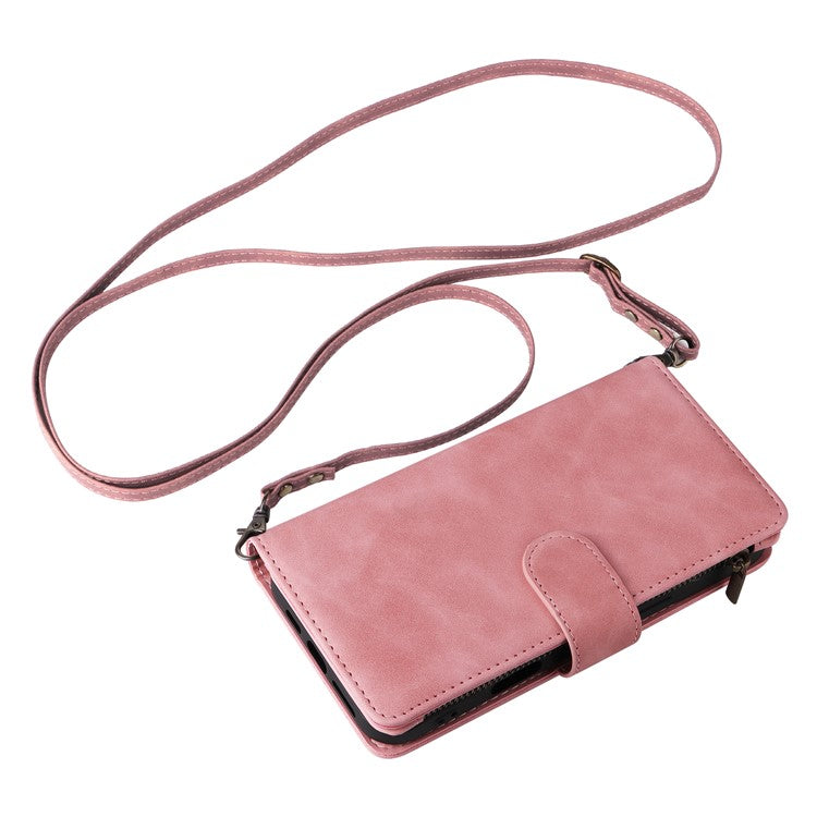 For iPhone 16 Case Zipper Pocket PU Leather Wallet Phone Stand Cover with Strap - Pink
