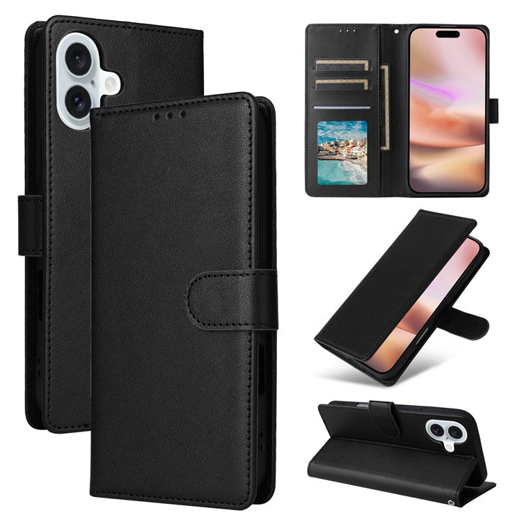 For iPhone 16 Plus Wallet Case 3 Card Slots Slim-Fit PU Leather Stand Phone Cover - Black