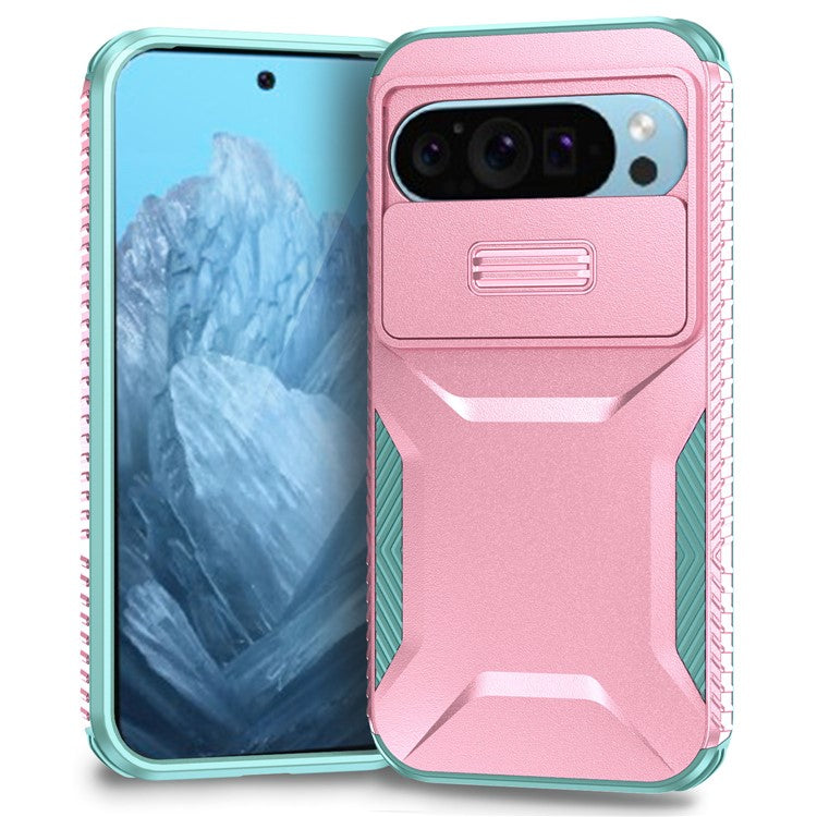 For Google Pixel 9 Pro / 9 Case TPU+PC Non-Slip Side Edge Phone Cover with Lens Lid - Pink / Grey Green