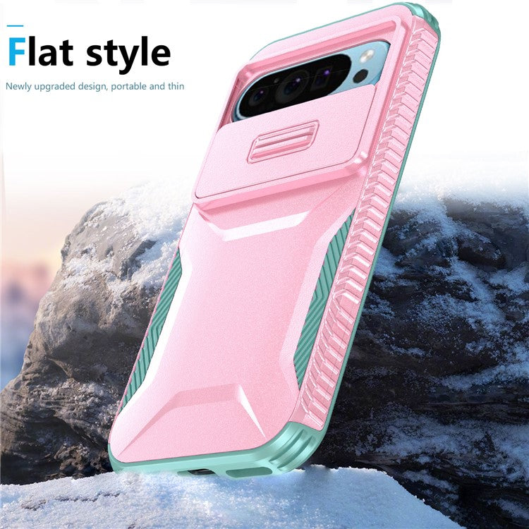 For Google Pixel 9 Pro / 9 Case TPU+PC Non-Slip Side Edge Phone Cover with Lens Lid - Pink / Grey Green