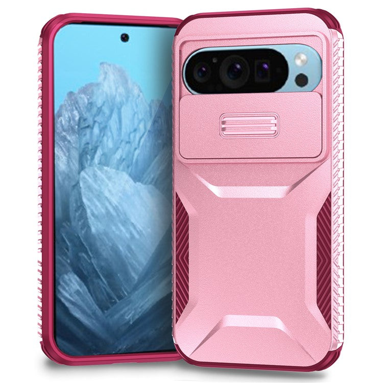 For Google Pixel 9 Pro / 9 Case TPU+PC Non-Slip Side Edge Phone Cover with Lens Lid - Pink / Wine Red