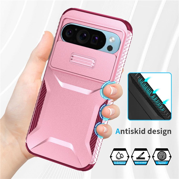 For Google Pixel 9 Pro / 9 Case TPU+PC Non-Slip Side Edge Phone Cover with Lens Lid - Pink / Wine Red