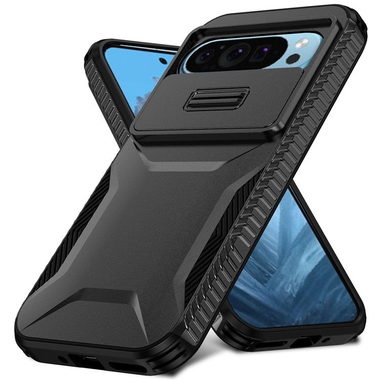 For Google Pixel 9 Pro / 9 Case TPU+PC Non-Slip Side Edge Phone Cover with Lens Lid - Black
