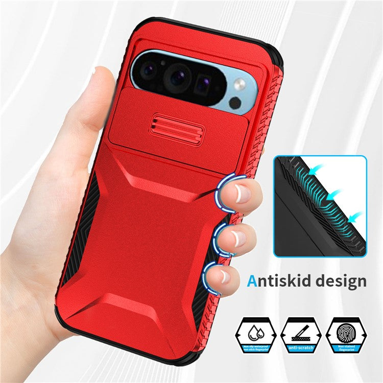 For Google Pixel 9 Pro / 9 Case TPU+PC Non-Slip Side Edge Phone Cover with Lens Lid - Red