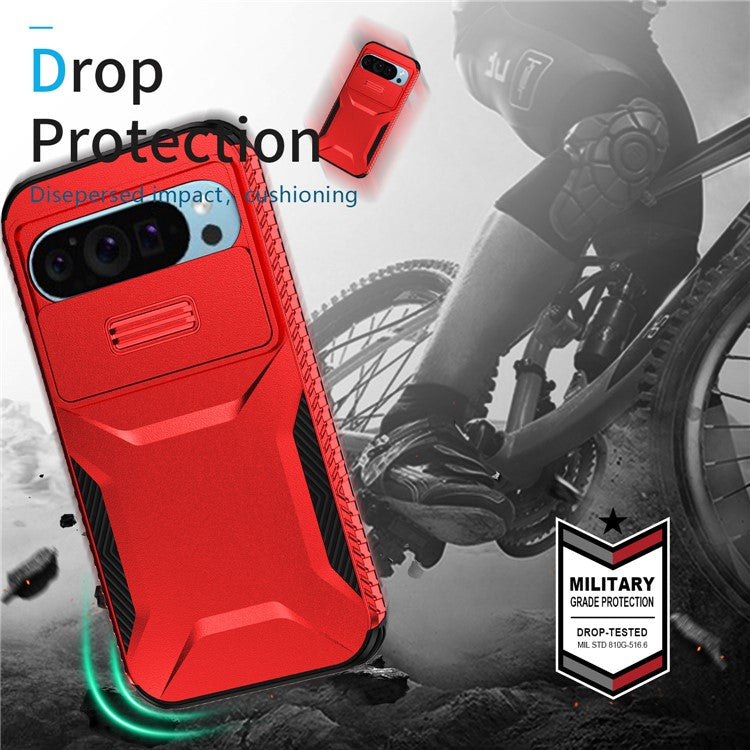 For Google Pixel 9 Pro / 9 Case TPU+PC Non-Slip Side Edge Phone Cover with Lens Lid - Red