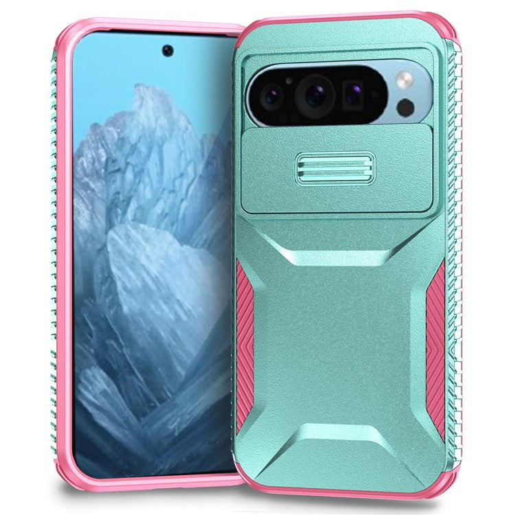 For Google Pixel 9 Pro / 9 Case TPU+PC Non-Slip Side Edge Phone Cover with Lens Lid - Grey Green / Pink
