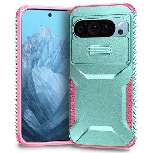 For Google Pixel 9 Pro / 9 Case TPU+PC Non-Slip Side Edge Phone Cover with Lens Lid - Grey Green / Pink