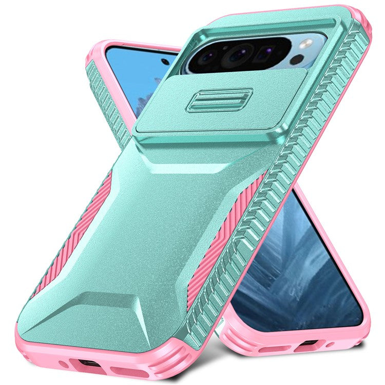 For Google Pixel 9 Pro / 9 Case TPU+PC Non-Slip Side Edge Phone Cover with Lens Lid - Grey Green / Pink