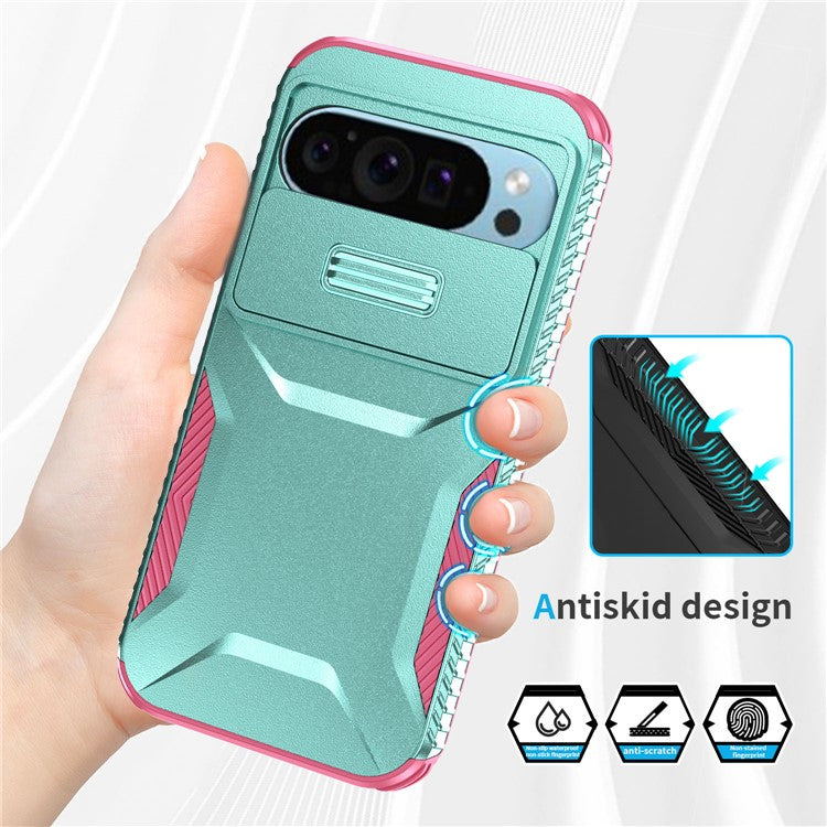 For Google Pixel 9 Pro / 9 Case TPU+PC Non-Slip Side Edge Phone Cover with Lens Lid - Grey Green / Pink