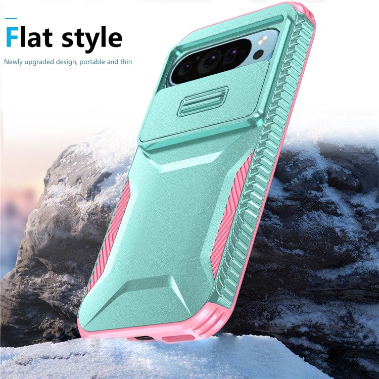 For Google Pixel 9 Pro / 9 Case TPU+PC Non-Slip Side Edge Phone Cover with Lens Lid - Grey Green / Pink