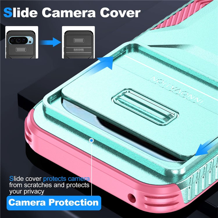 For Google Pixel 9 Pro / 9 Case TPU+PC Non-Slip Side Edge Phone Cover with Lens Lid - Grey Green / Pink