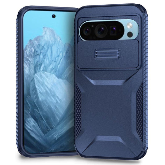 For Google Pixel 9 Pro / 9 Case TPU+PC Non-Slip Side Edge Phone Cover with Lens Lid - Blue