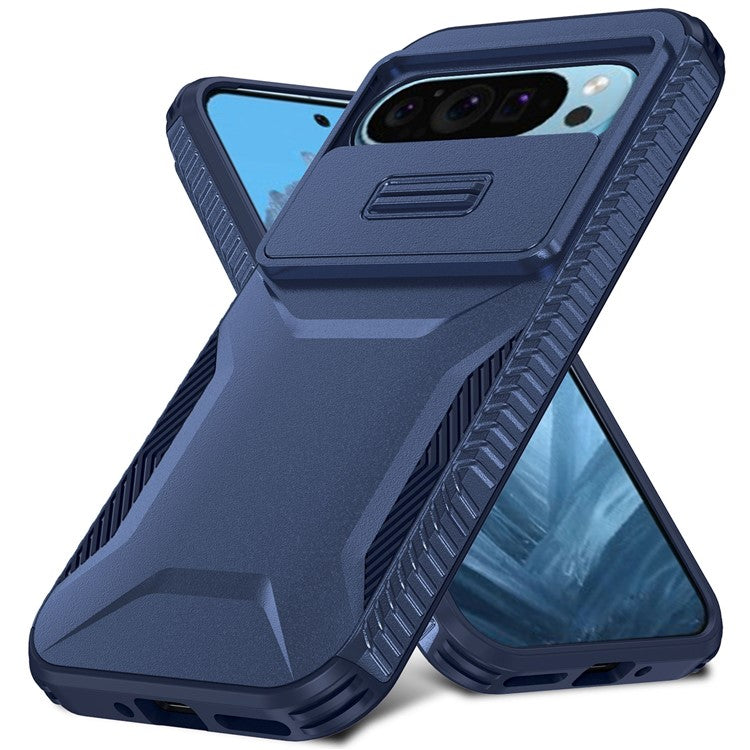 For Google Pixel 9 Pro / 9 Case TPU+PC Non-Slip Side Edge Phone Cover with Lens Lid - Blue