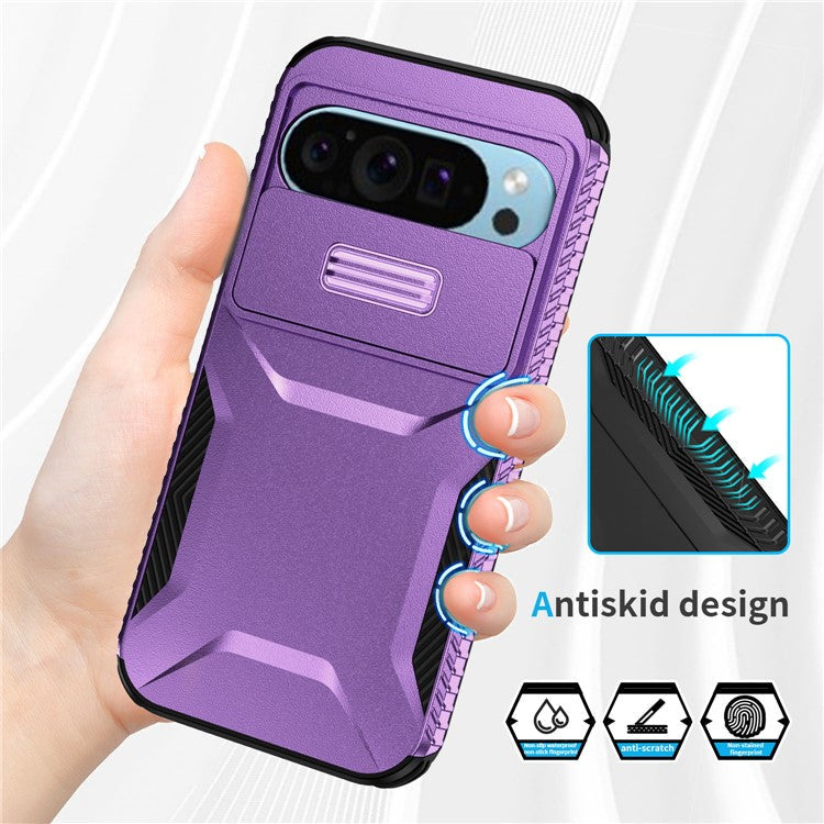 For Google Pixel 9 Pro / 9 Case TPU+PC Non-Slip Side Edge Phone Cover with Lens Lid - Purple