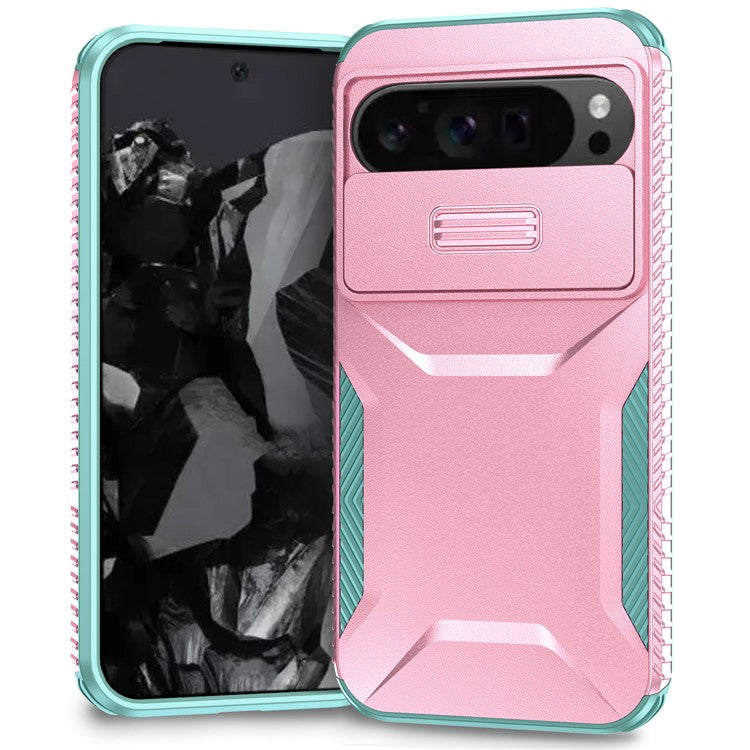 For Google Pixel 9 Pro XL Case TPU+PC Non-Slip Side Edge Phone Cover with Lens Lid - Pink / Grey Green