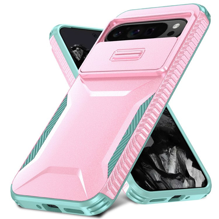 For Google Pixel 9 Pro XL Case TPU+PC Non-Slip Side Edge Phone Cover with Lens Lid - Pink / Grey Green